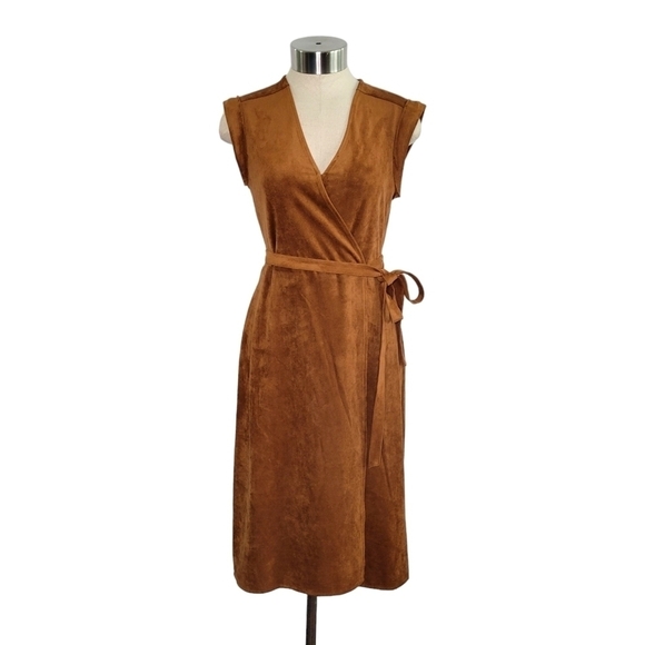 Banana Republic Faux Suede Sleeveless Knee-Length Wrap Dress Sz 2 Petite Brown - Picture 4 of 11